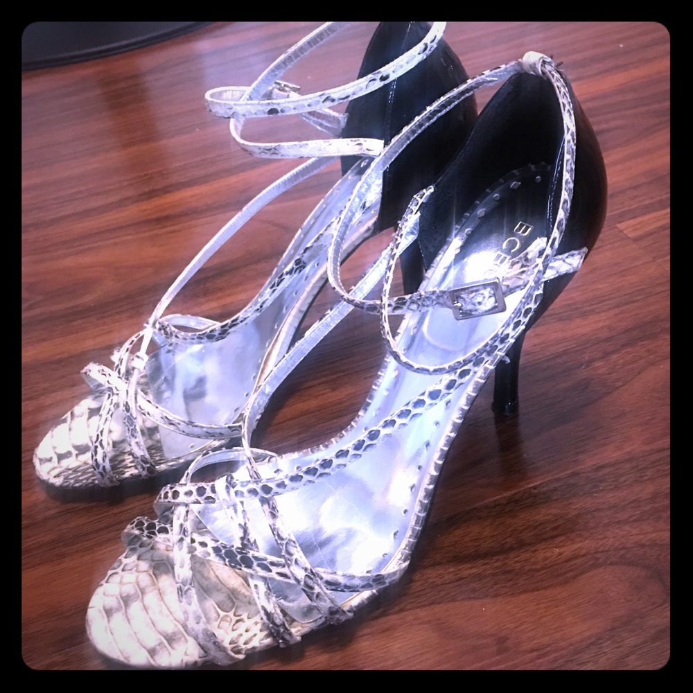 BCBG Leather upper snake strap heel